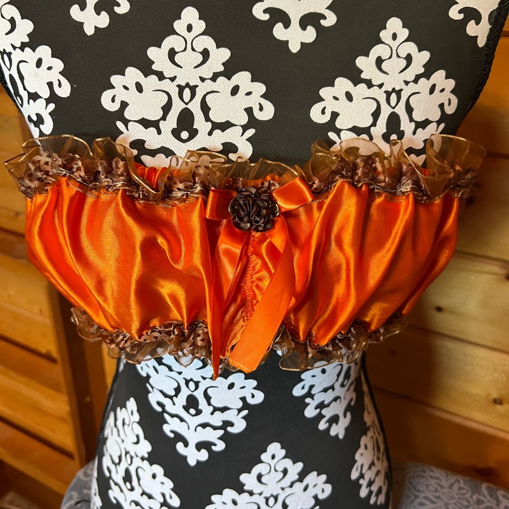 Orange Satin strapless crop top with Ruffle Trim O/S